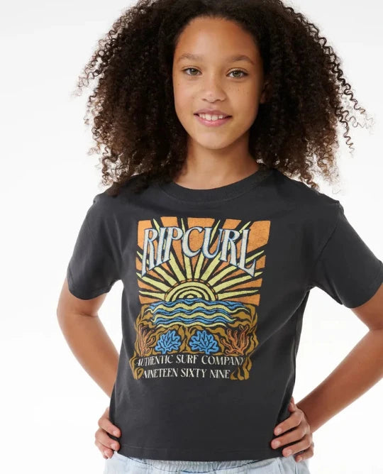Rip Curl Girls Coral Sands crop tee black washed cotton graphic shirt size 8.