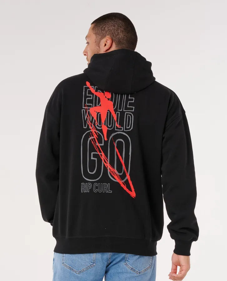 Rip Curl Eddie Would Go black zip through hoodie with large red surf graphic on back worn by man