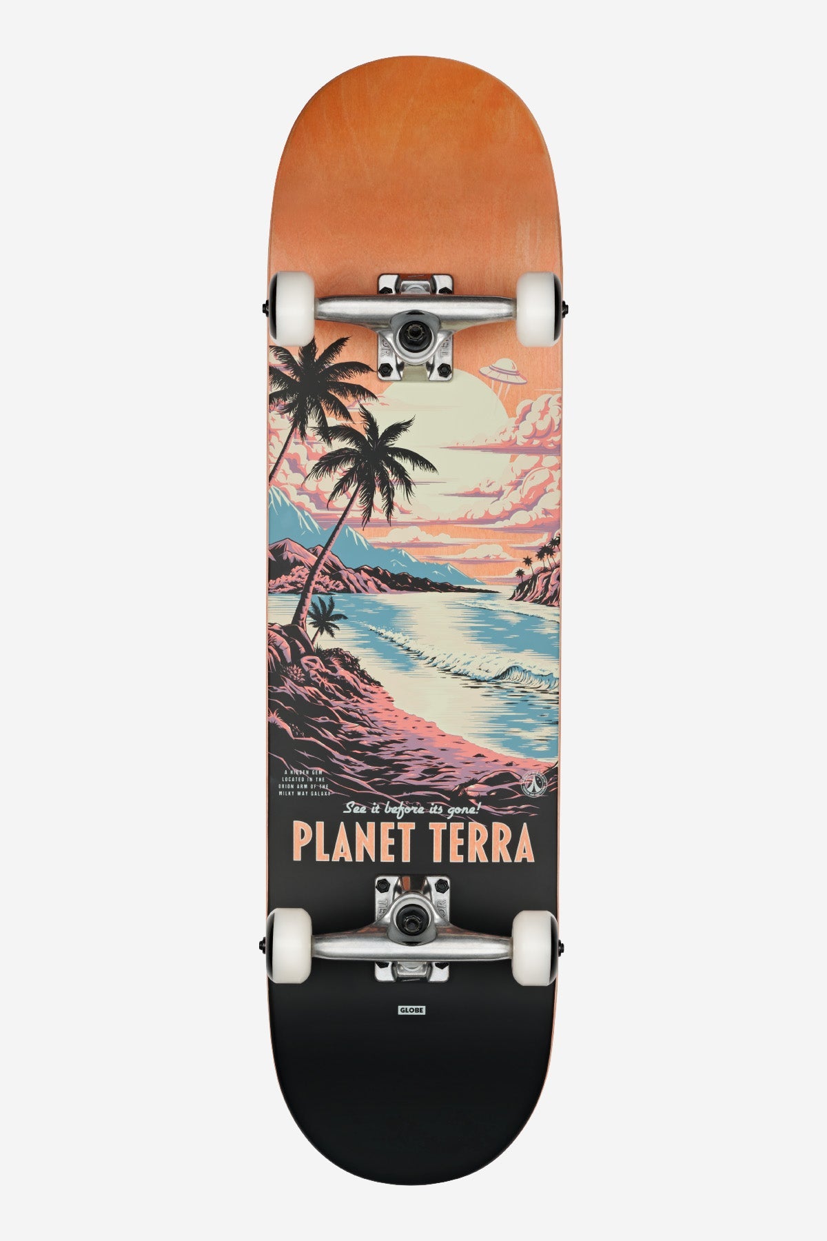 Globe G1 Visitation 8.25 complete skateboard bottom graphic view