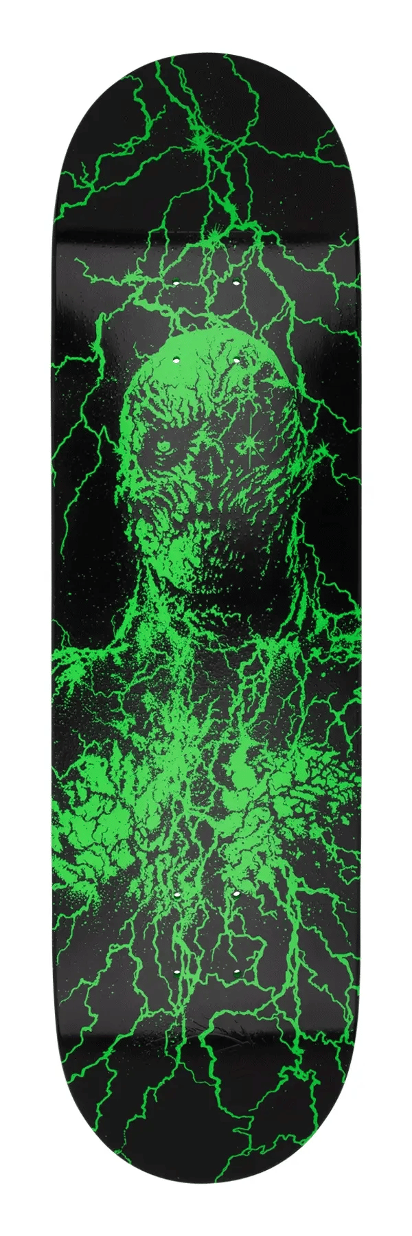 Santa Cruz x Stranger Things Vecna 8.5 inch skateboard deck with green glow in the dark monster and lightning graphic offered by NHS