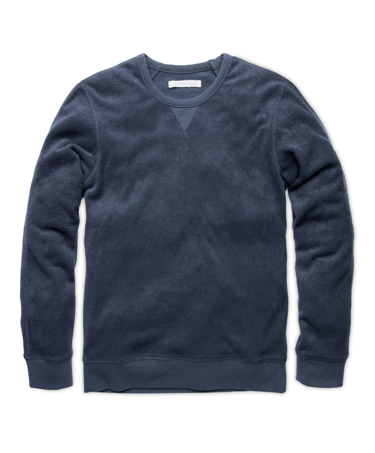Outerknown Hightide Crew Sweater, navy blue terry cloth men’s crewneck sweatshirt size M