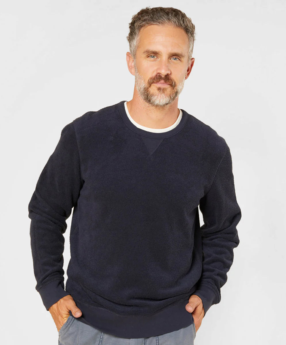 Outerknown Hightide Crew Sweater, navy blue terry cloth men’s crewneck sweatshirt size L