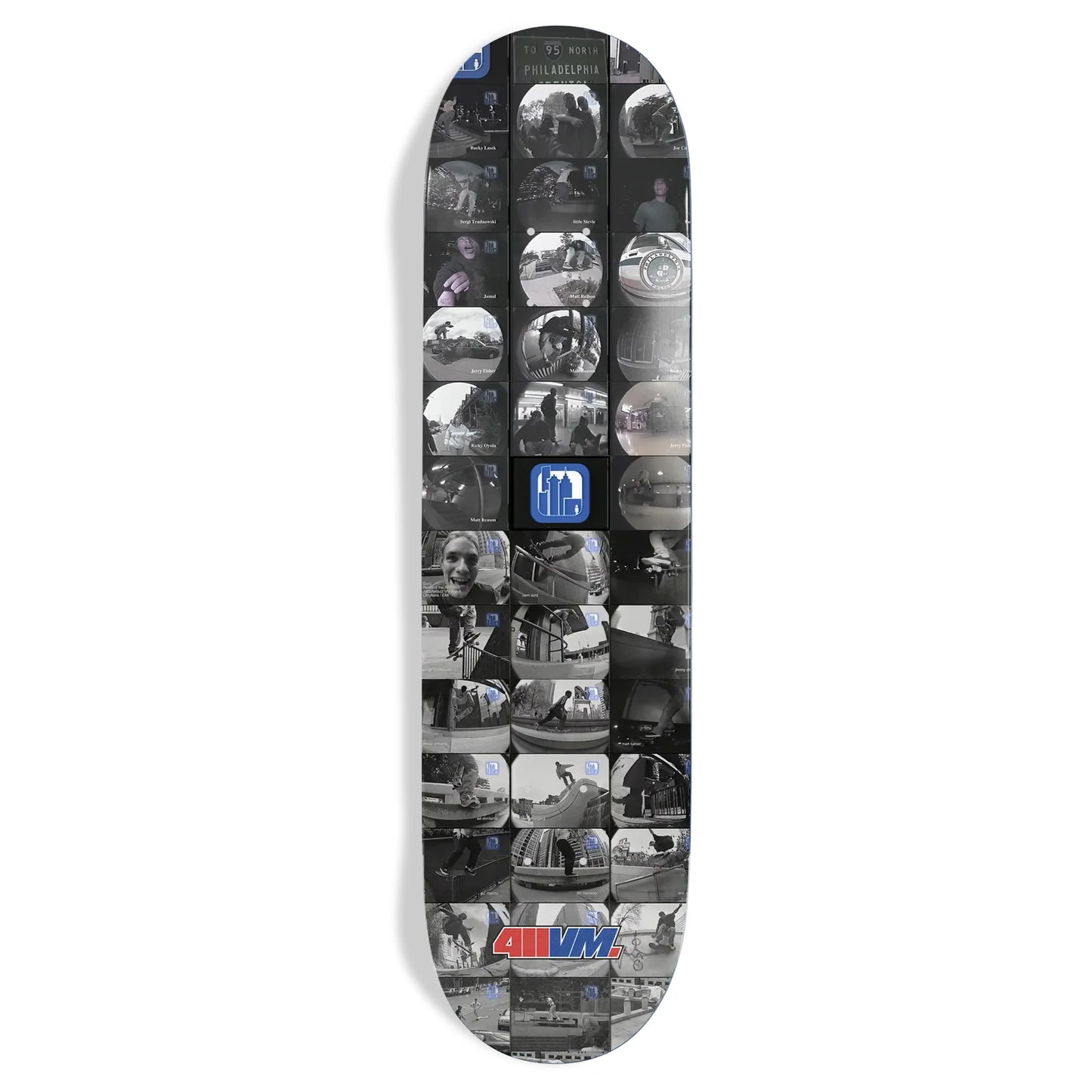 411VM Metrospective Frame Grabs 8.25 skateboard deck with black and white skate photo collage graphic offered by Eastern Skateboard Supply