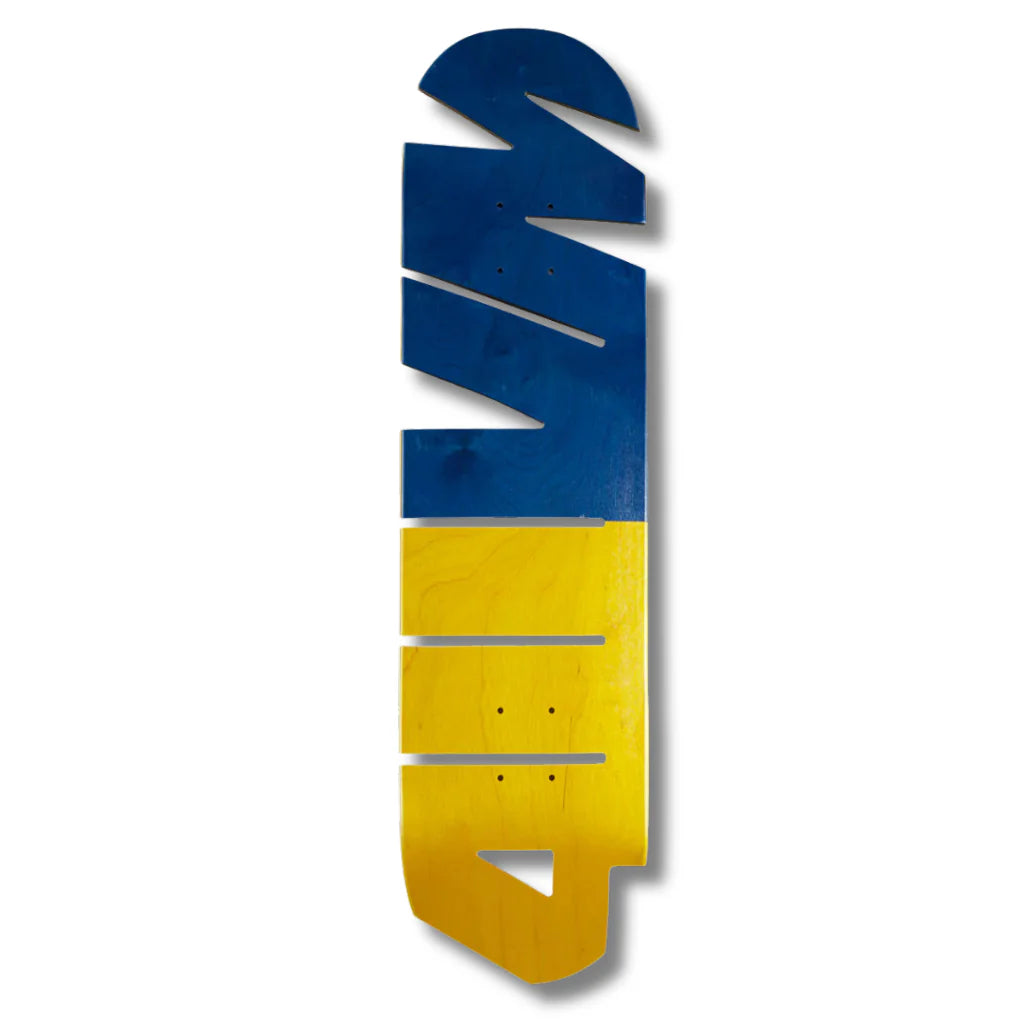 411VM Cut Out 8.0 skateboard deck in blue and yellow letter-shaped design offered by Eastern Skateboard Supply