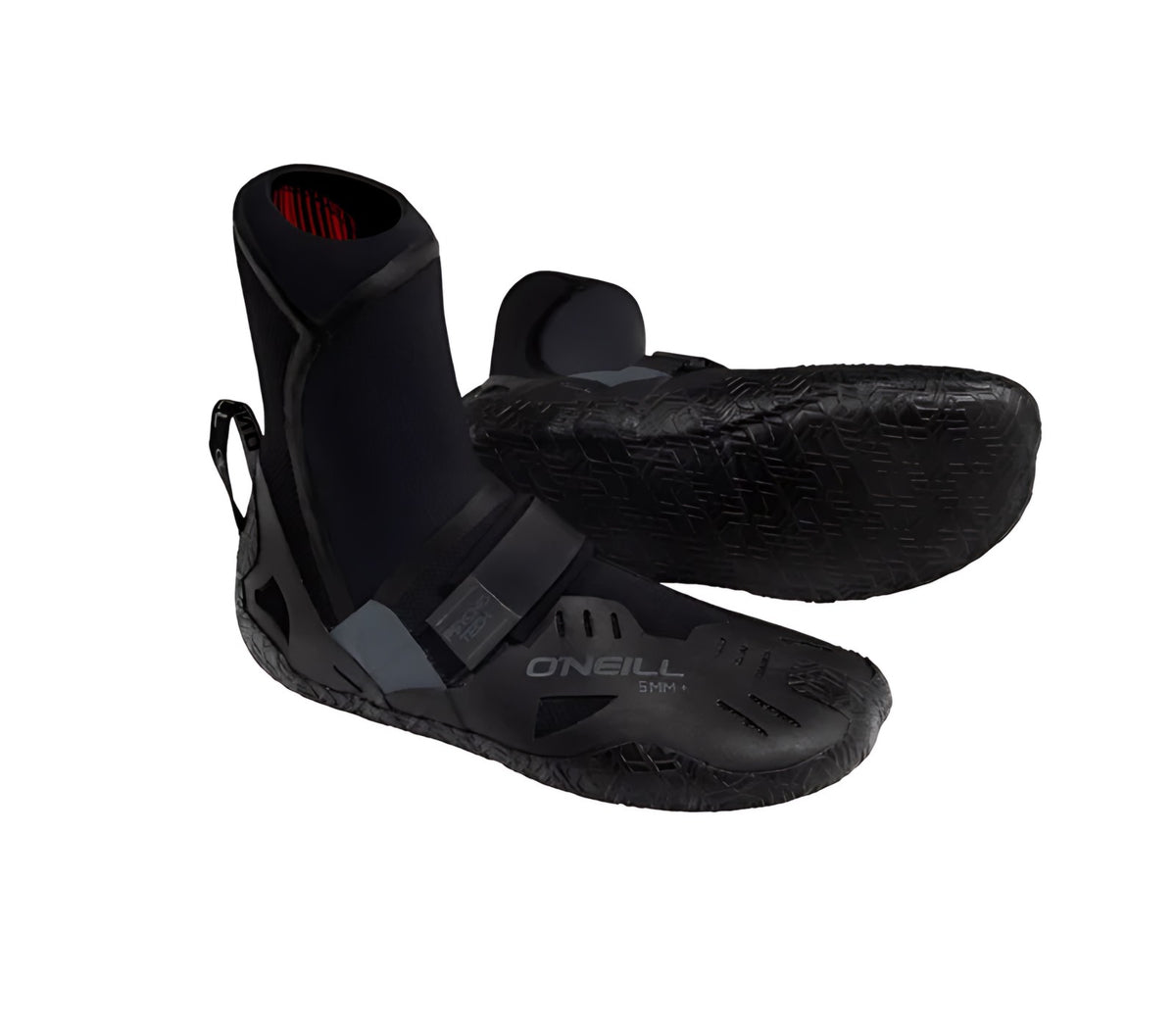 O’Neill Psycho Tech RT 5mm black neoprene surf booties with round toe and textured grip sole offered by O'neill