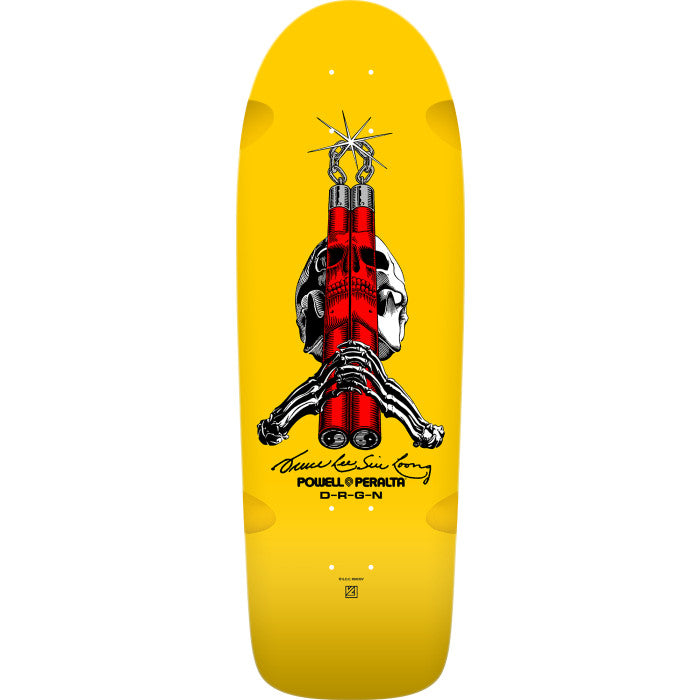 Powell Skull and Nunchucks skateboard deck 10 inch yellow Bruce Lee graphic.