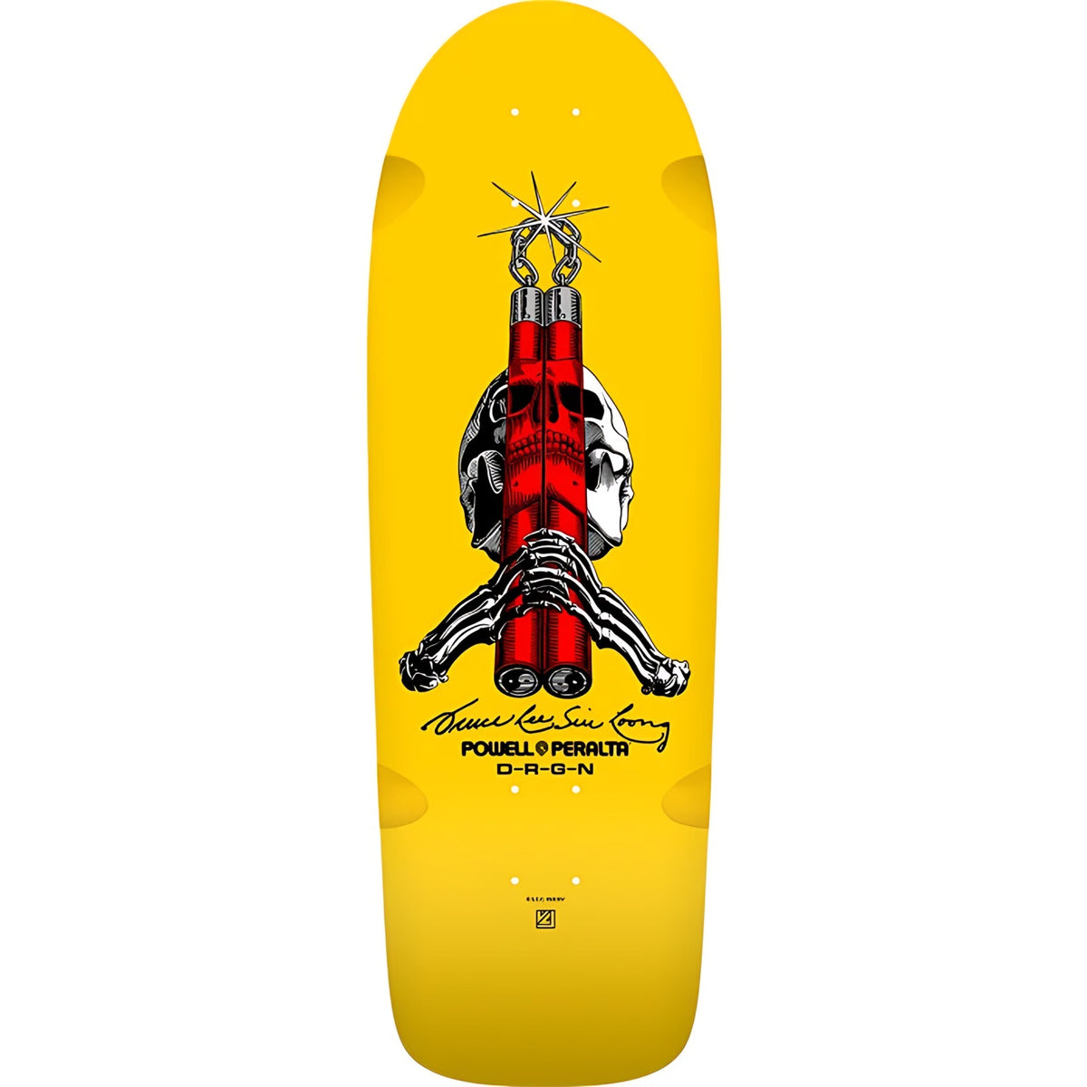 Powell Skull and Nunchucks skateboard deck 10 inch yellow Bruce Lee graphic.