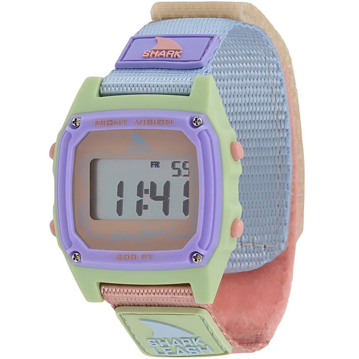 Shark Classic Leash Peach Dust digital watch with pastel green case and blue strap offered by Freestyle