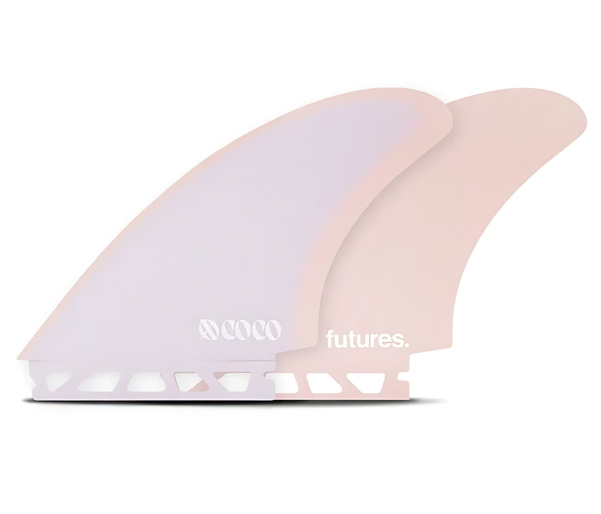 XO Coco Keel fiberglass surfboard fins pink purple Futures twin set.