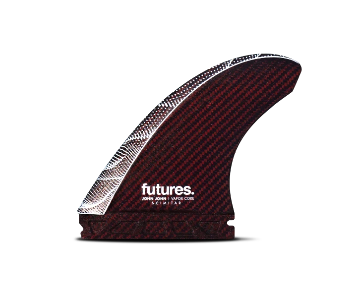 JJF Scimitar Vapor Core large thruster surfboard fins red Futures setup.