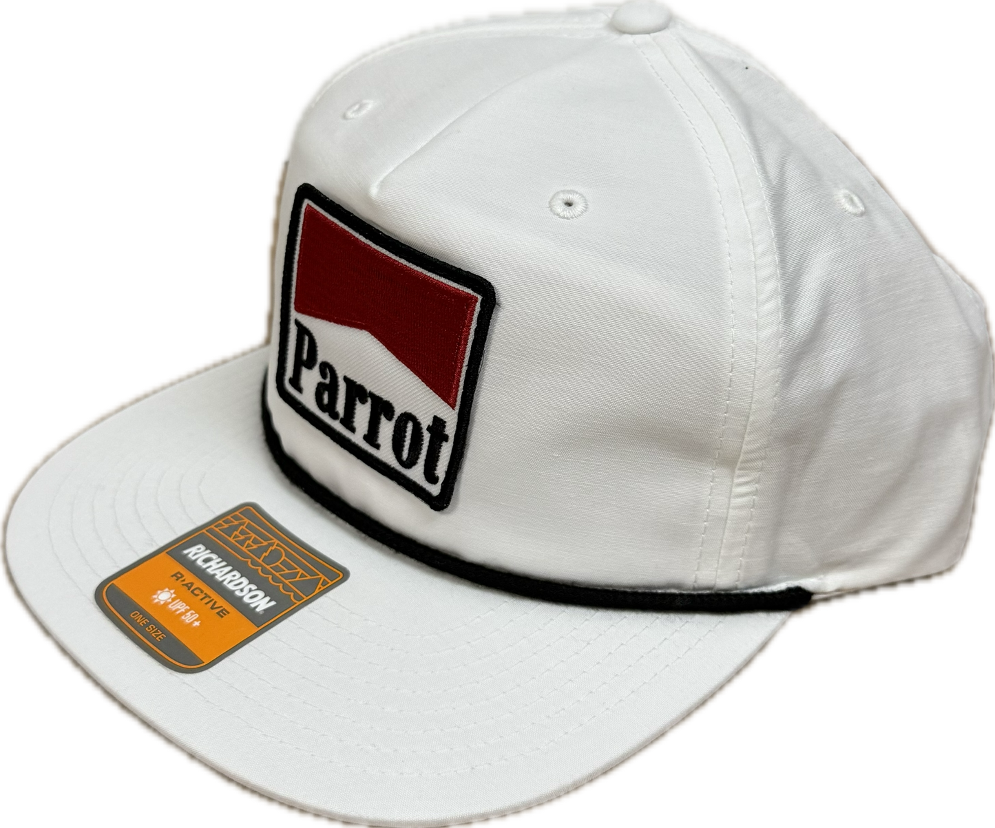 Parrot Surf Shop 256 white flat brim cap with Parrot logo patch and black rope detail offered by Parrot Surf Shop
