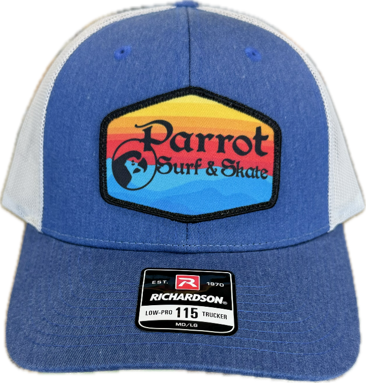 Parrot Surf Shop 115 Horizon trucker hat royal light gray snapback.