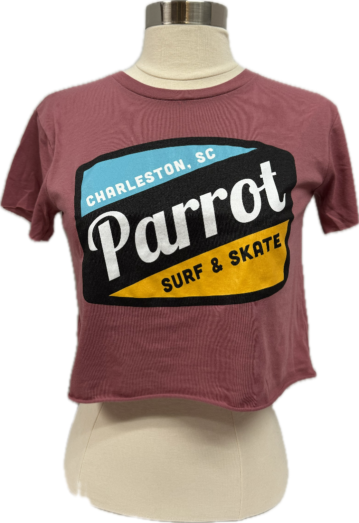 Parrot Surf Shop Work Crop tee purple women relaxed fit.