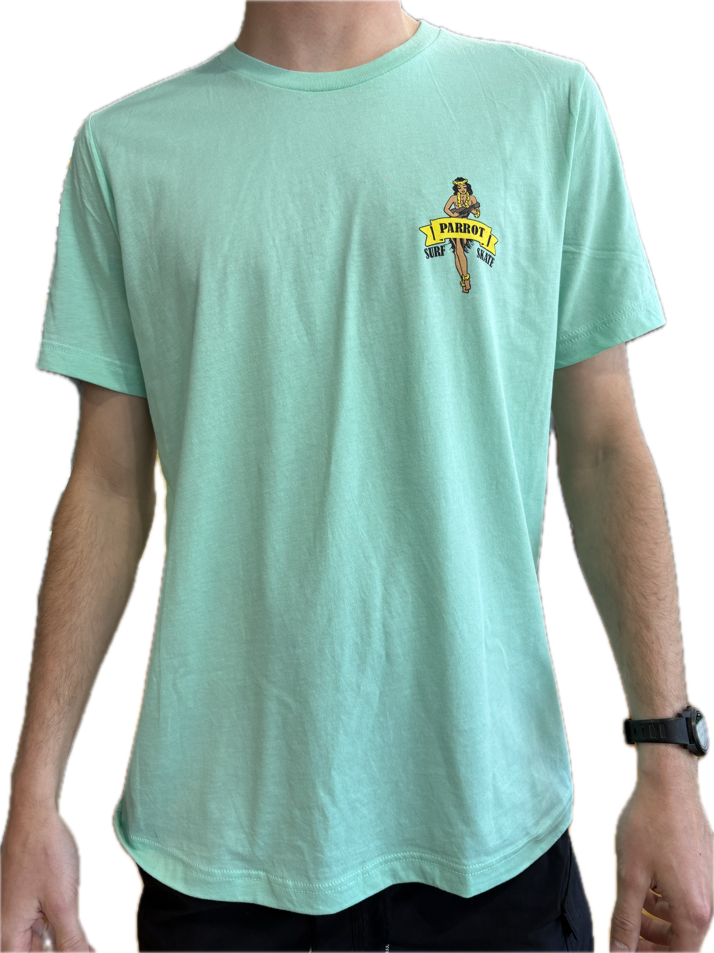 Parrot Surf Shop Hula Girl tee teal medium graphic cotton shirt.