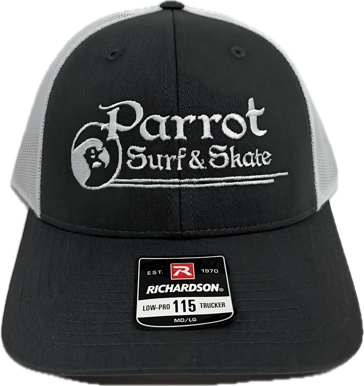 Parrot Surf Shop 115 stitch trucker hat charcoal white adjustable snapback.