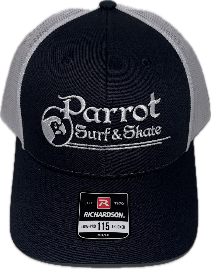 Parrot Surf Shop 115 stitch trucker hat navy white mesh back.