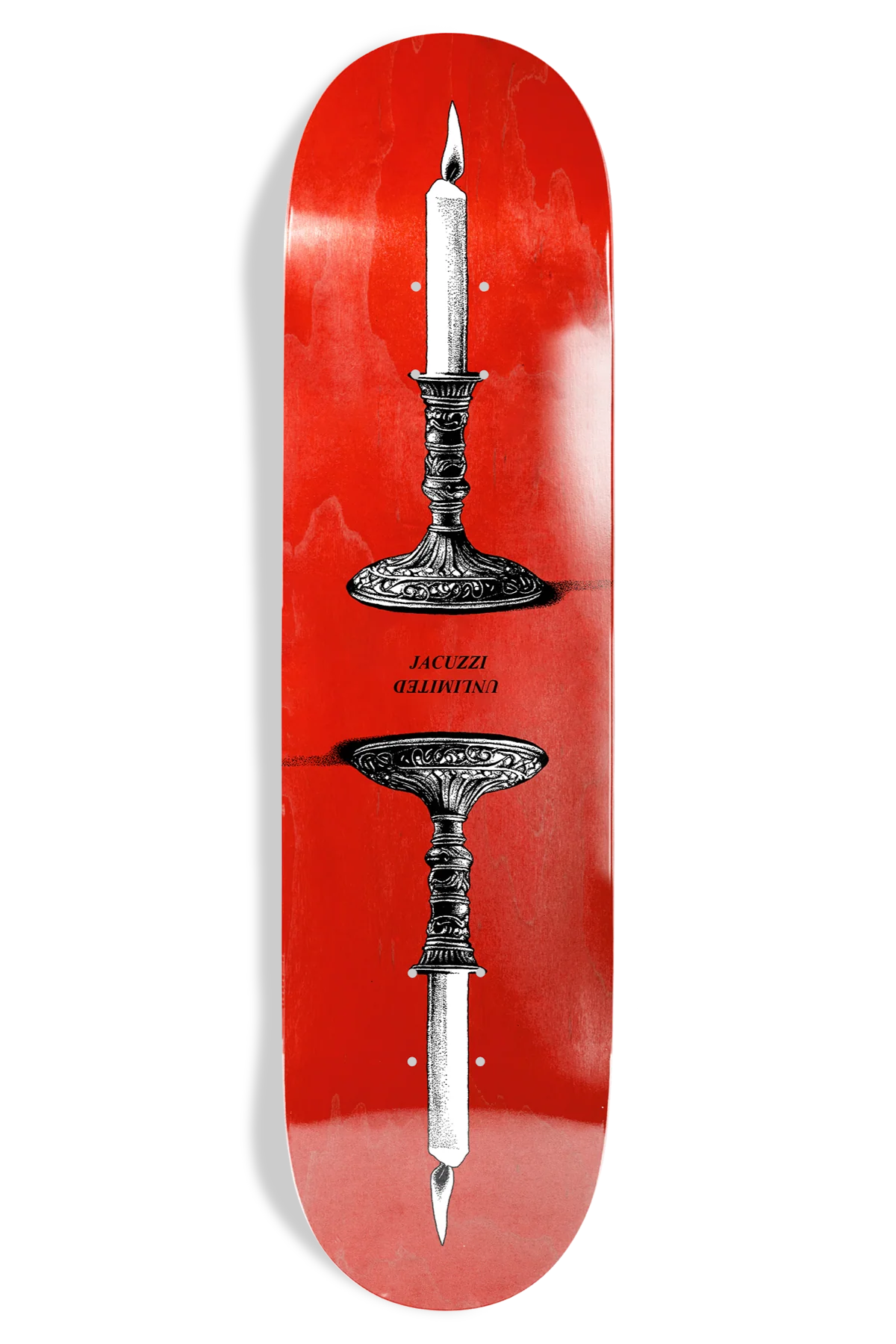 Jacuzzi Burnt Ends 8.5 twin tail skateboard deck with red background and vintage candlestick graphic offered by Sidewalk Distribution