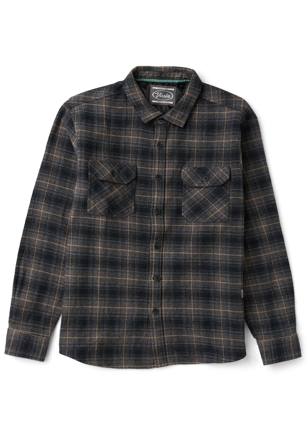 Vissla Creators Heavy Days Eco flannel shirt in black plaid heavyweight organic cotton
