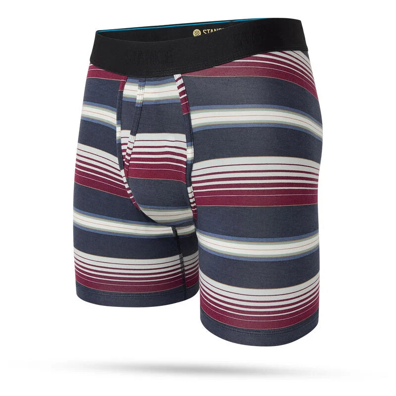 Serape boxer brief in navy with red and white stripe pattern and black waistband offered by Stance
