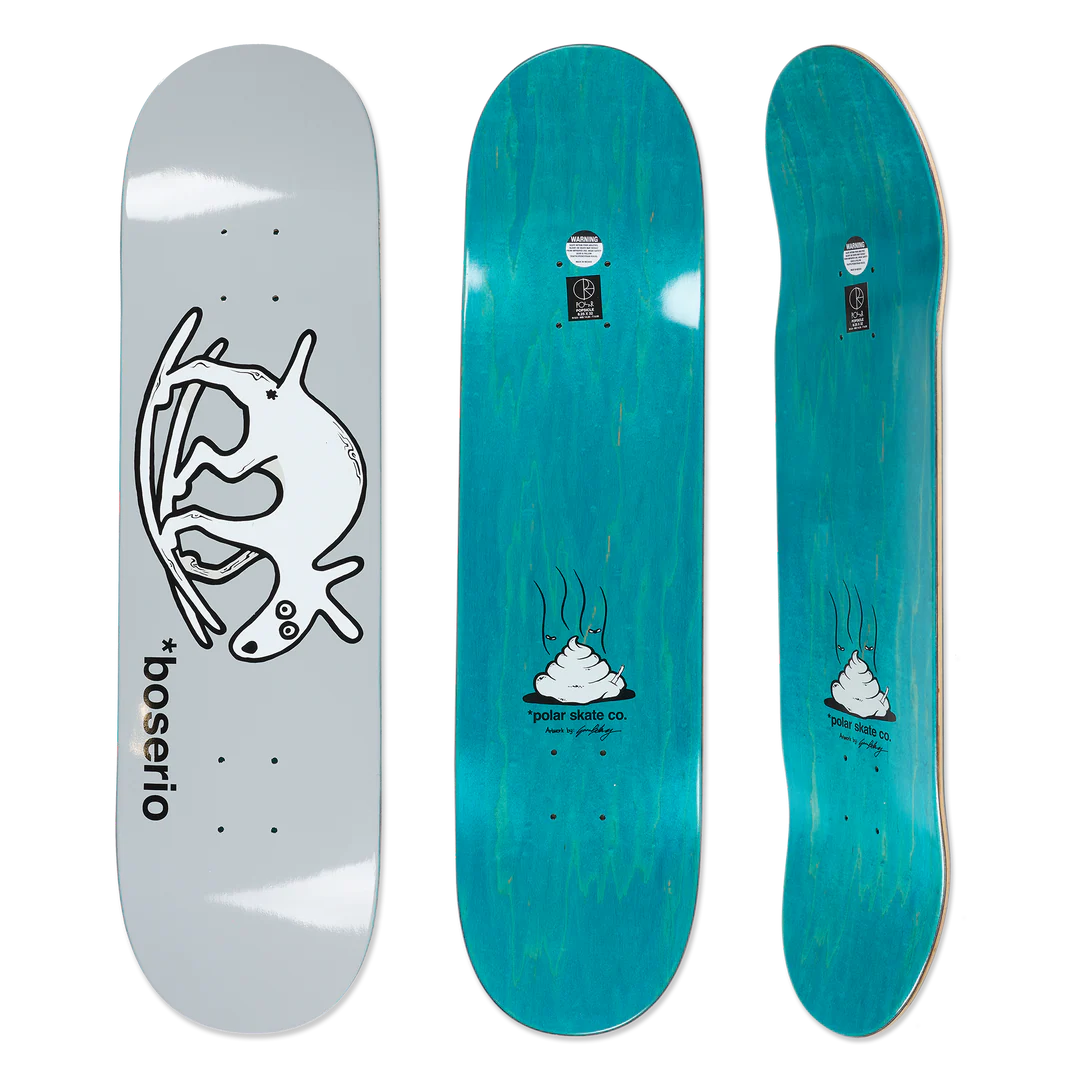 Polar N. Boserio Wooden Dog 8.625 skateboard deck with abstract dog graphic on grey background offered by Keen