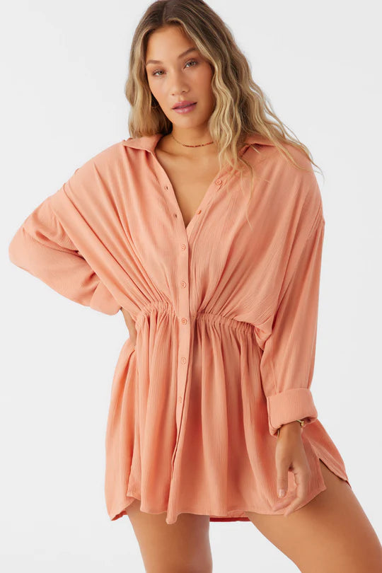 O'Neill Saltwater Solids cami cover up dress in peach with button front