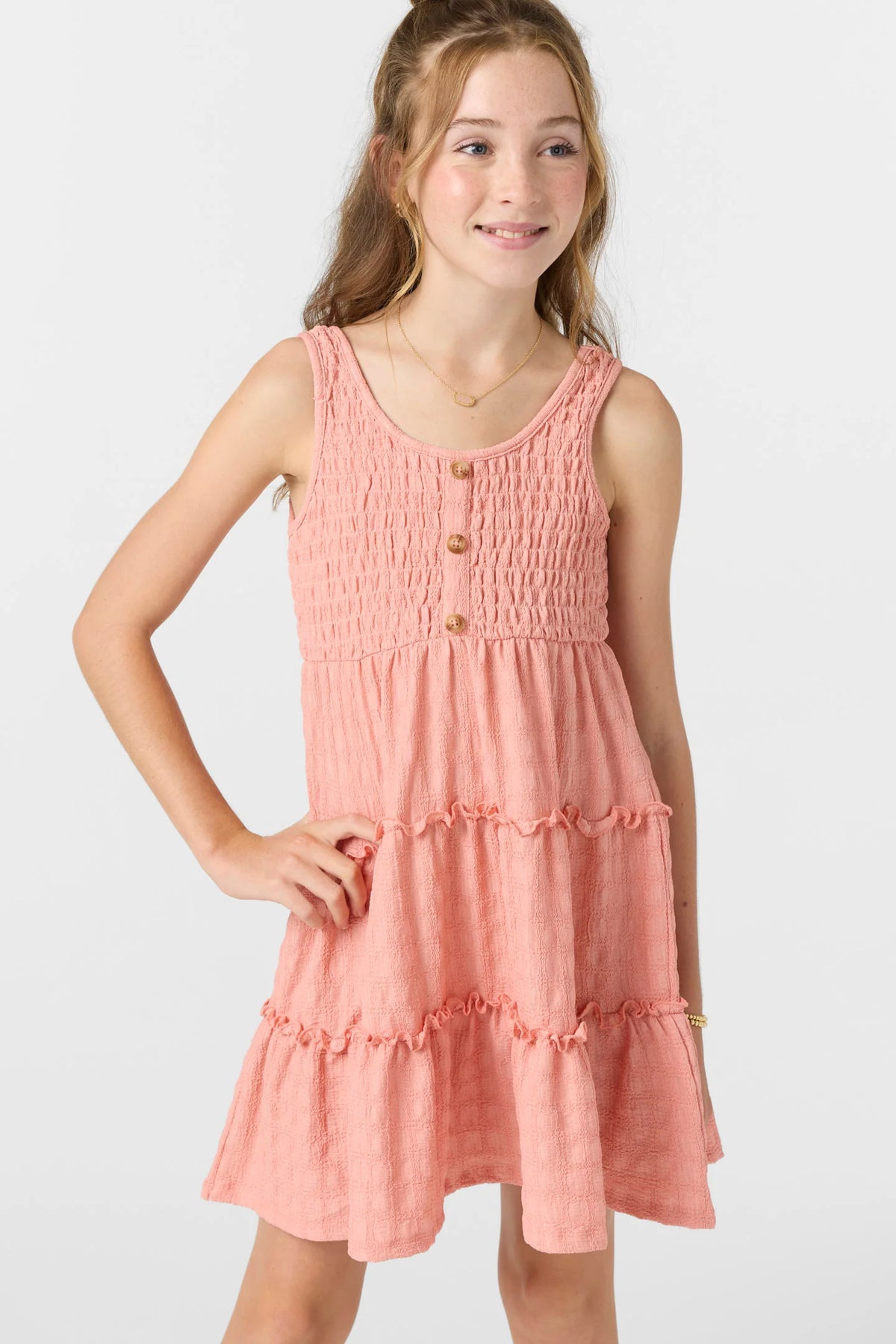 O’Neill Girls Teffie knit mini dress pink smocked bodice