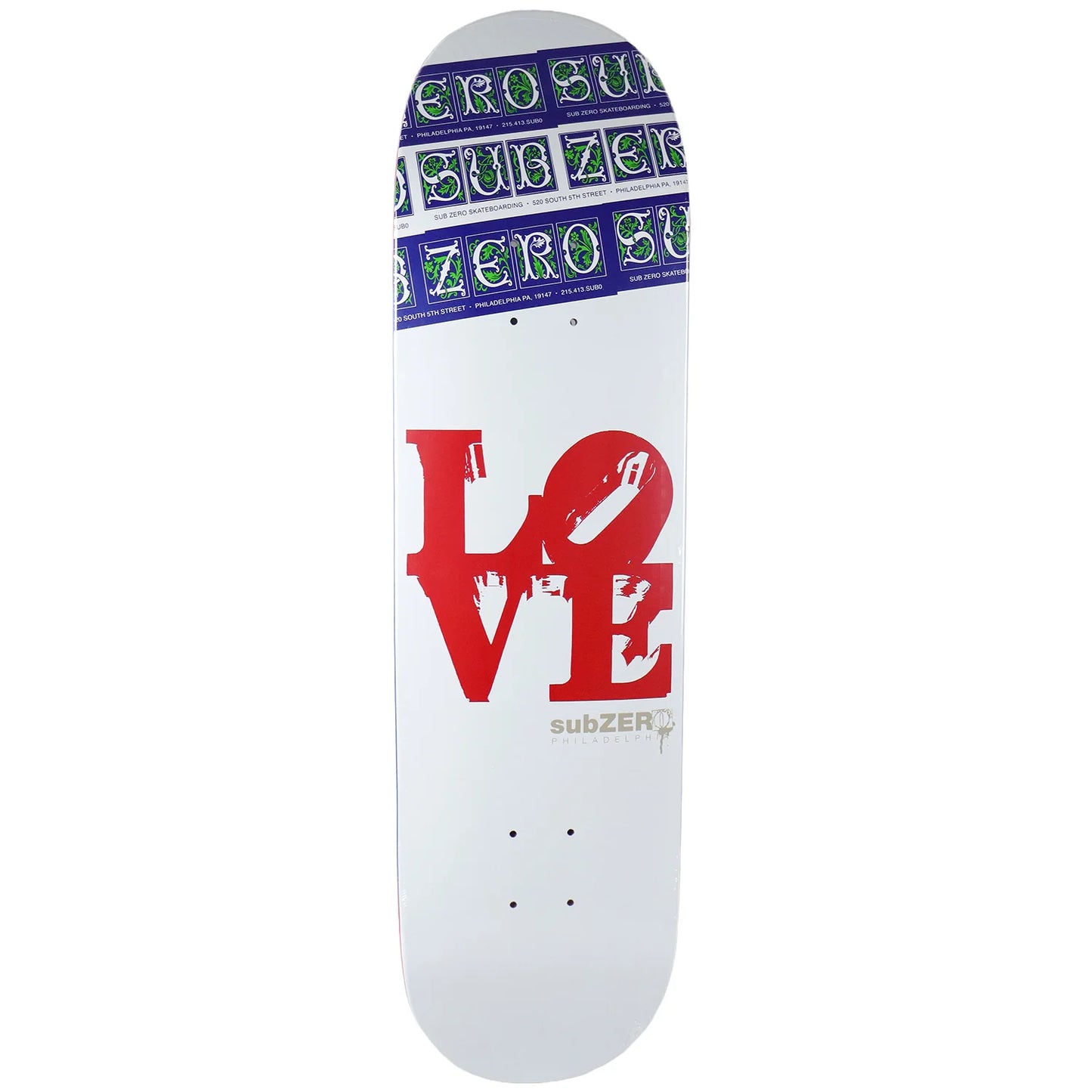 Sub Zero Love Park II 8.25 skateboard deck with red LOVE graphic on white background offered by Eastern Skateboard Supply