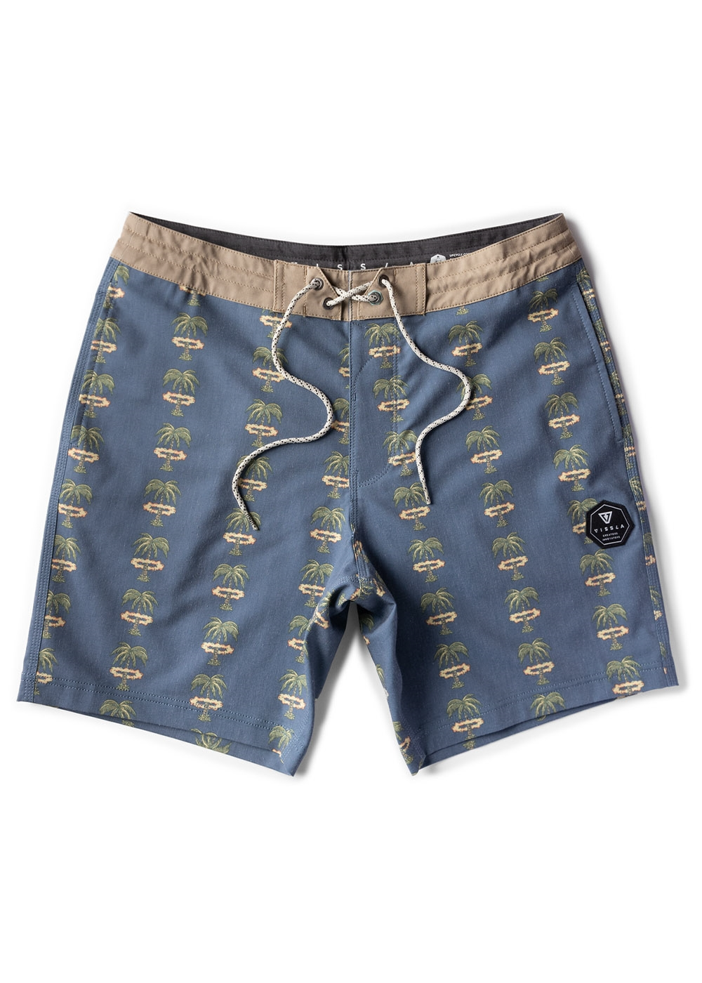 Vissla Atomic Palms kids trunk blue elastic waist boardshort.