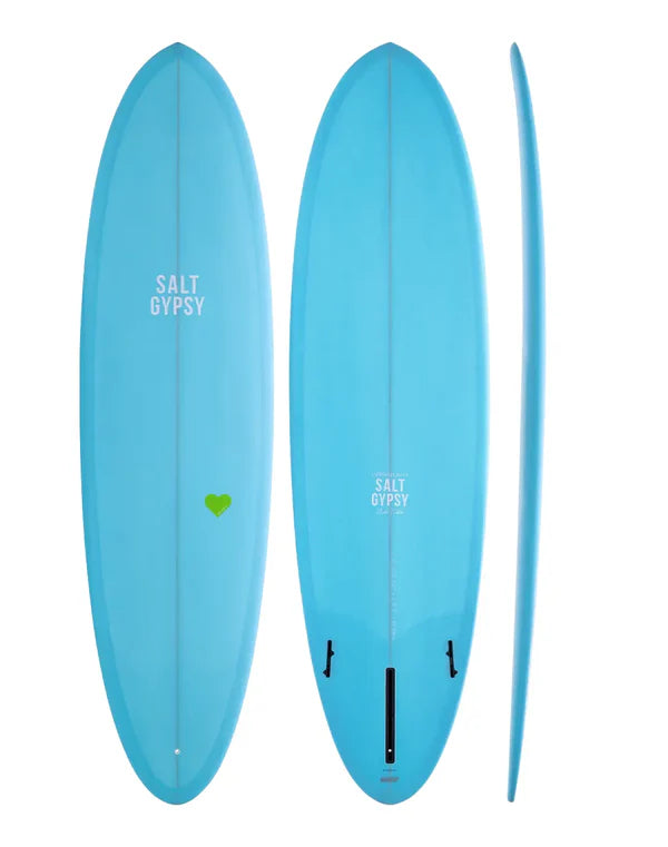 Cynthia Rowley x Salt Gypsy Mid Tide PU 7'0 surfboard in blue with rolled vee bottom