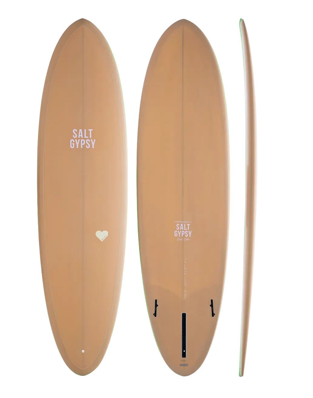 Salt Gypsy x Cynthia Rowley Mid Tide 7'8" PU mid-length surfboard, Camel