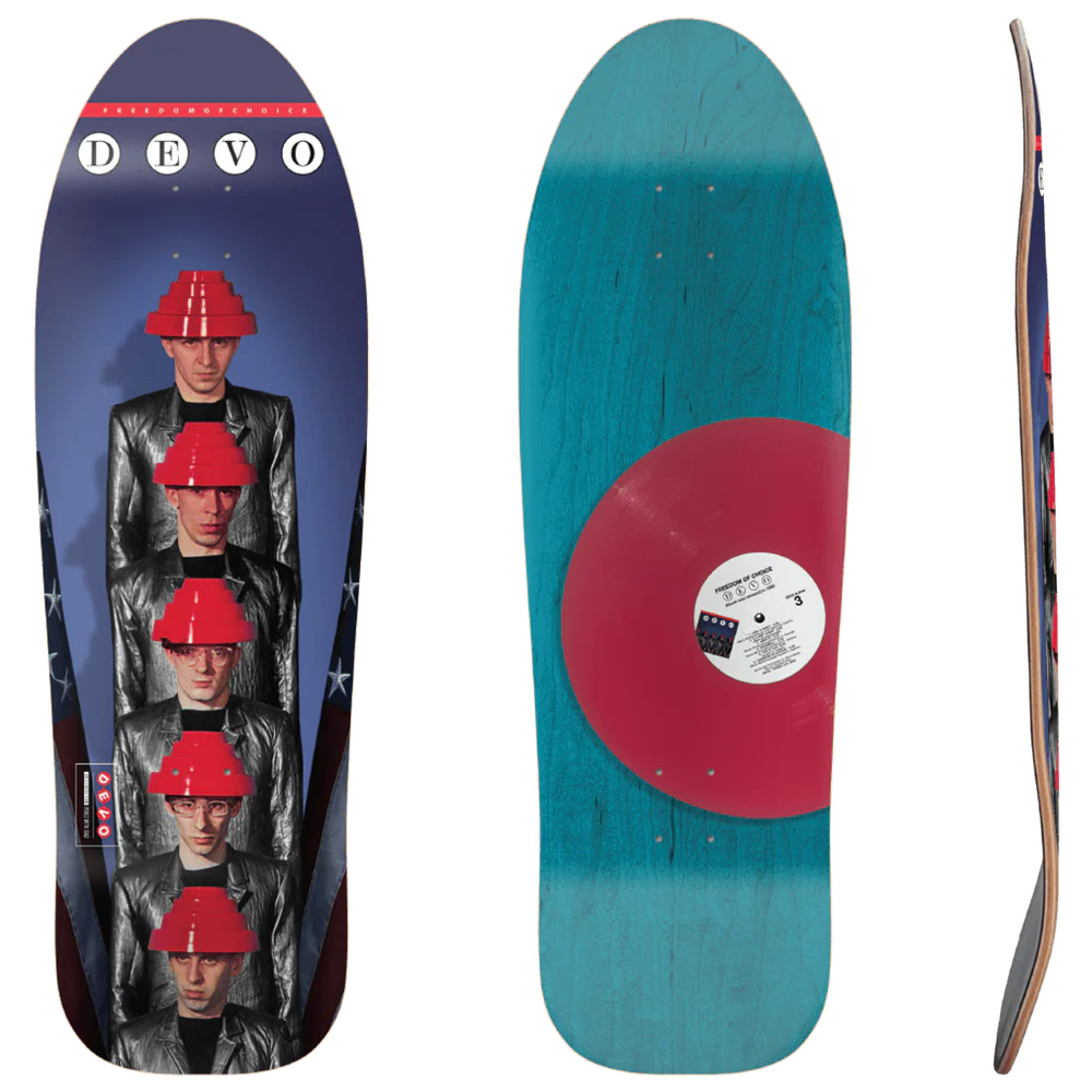 DEVO Freedom Of Choice 9.75 inch skateboard deck with band portrait artwork and red vinyl record top graphic offered by Eastern Skateboard Supply
