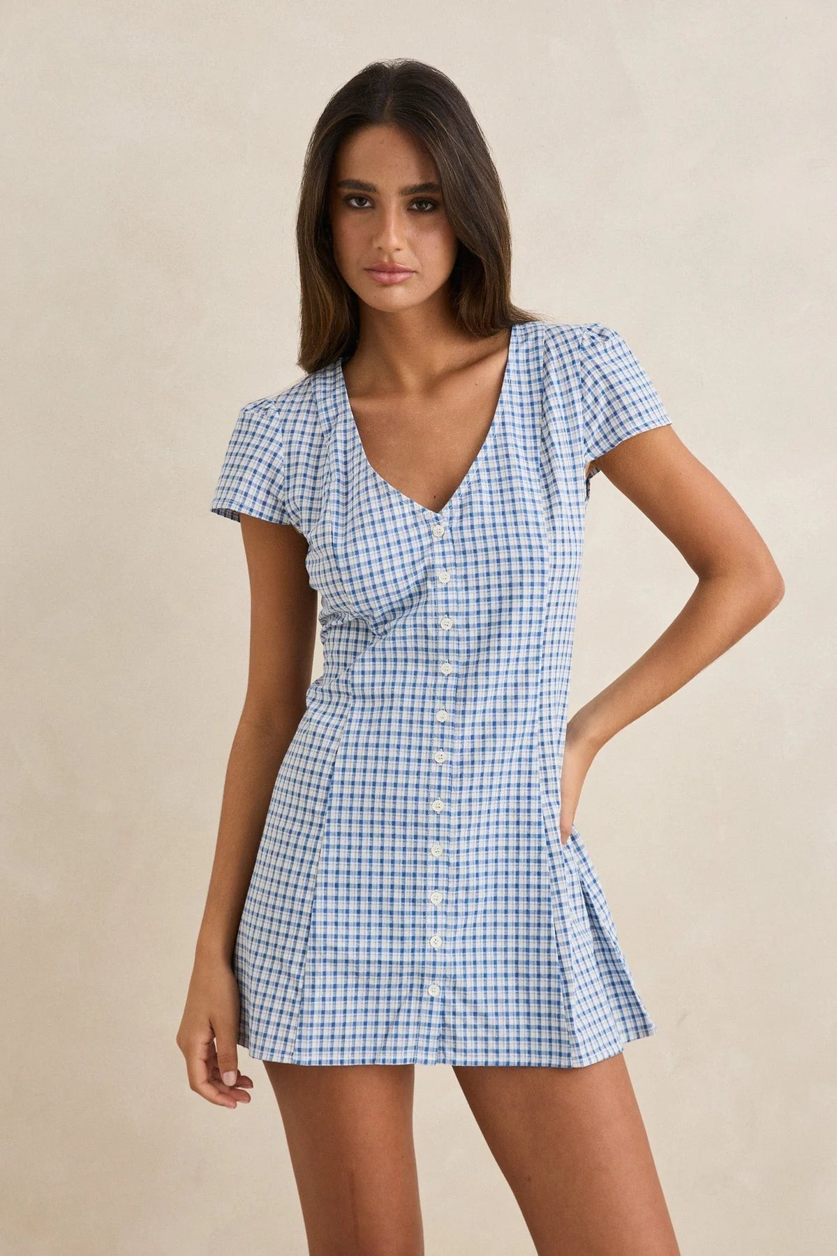 Rhythm Lola Check Cap Sleeve Mini Dress check pattern detail