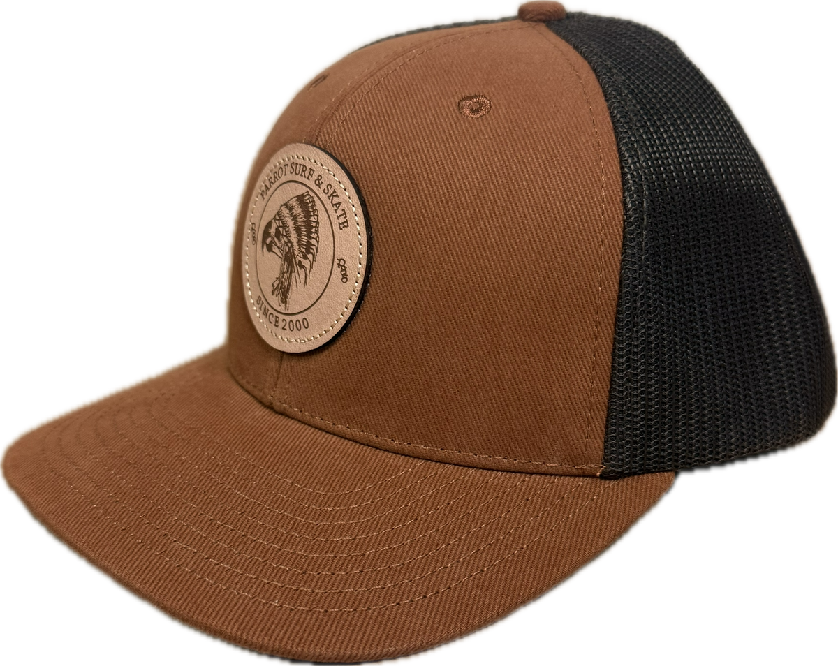Parrot Surf & Skate 112LN Indian Trucker hat in Autumn/Brown with leather Indian patch, side view - Parrot gear