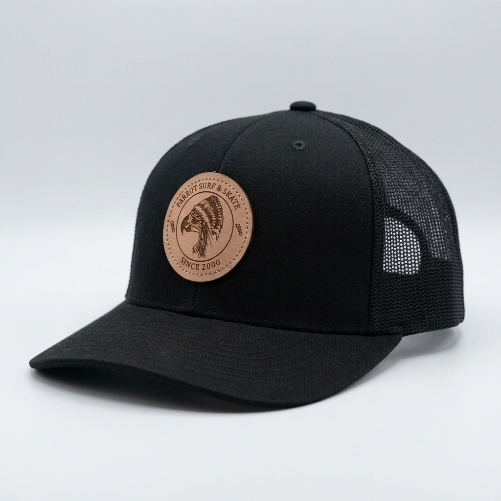 Parrot Surf & Skate 112LN Indian Trucker hat in Black with leather Indian patch, side view - Parrot gear