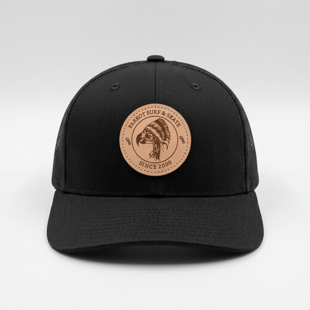 Parrot Surf & Skate 112LN Indian Trucker hat in Black with leather Indian patch, front view - Parrot gear