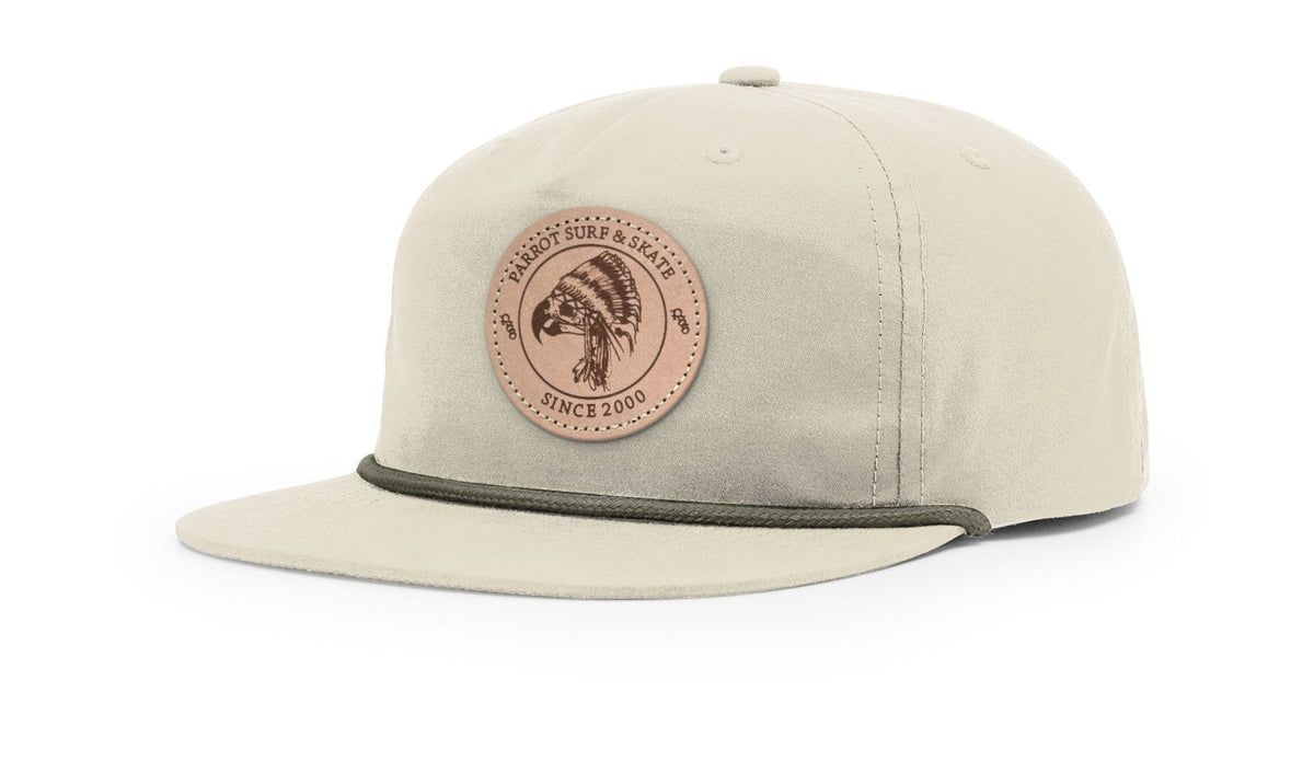 Parrot Surf & Skate 256 Indian Rope hat in Umpqua Sand Dune with loden rope and leather Indian patch, studio angle view - Parrot gear