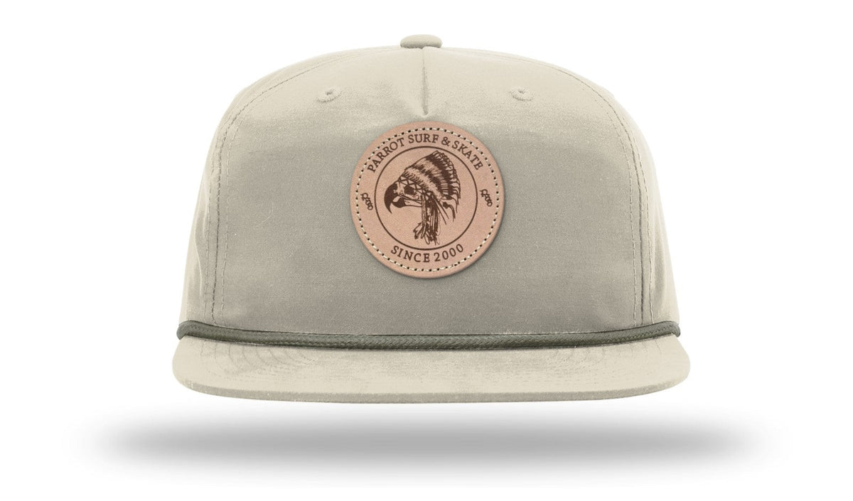 Parrot Surf & Skate 256 Indian Rope hat in Umpqua Sand Dune with loden rope with leather Indian patch, front view - Parrot gear