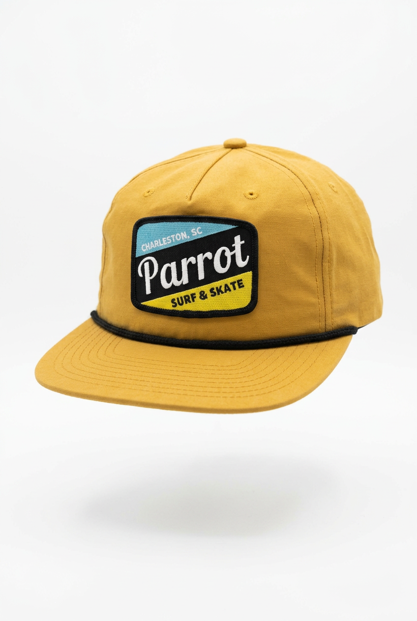 Parrot Surf & Skate 256 Work Blue Patch Rope Hat in Biscuit with black rope, front view - Parrot gear