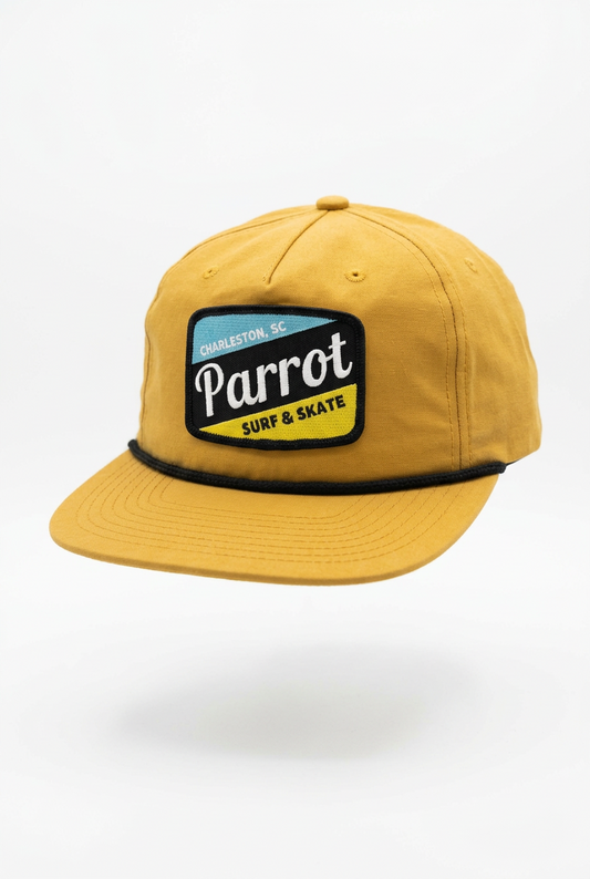 Parrot Surf & Skate 256 Work Blue Patch Rope Hat in Biscuit with black rope, front view - Parrot gear