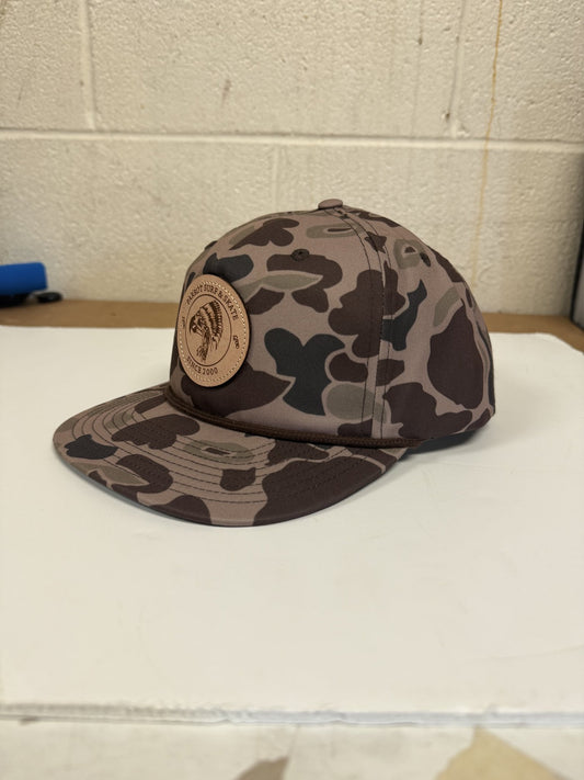 Parrot Surf & Skate 256P Indian Rope hat in Bark Duck Camo with brown rope and leather Indian patch, side view - Parrot gear