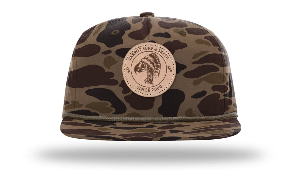 Parrot Surf & Skate 256P Indian Rope hat in Bark Duck Camo with brown rope with leather Indian patch, front view - Parrot gear