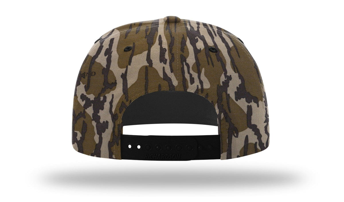 Parrot Surf & Skate 256P Indian Rope hat in Mossy Oak Bottomland with black rope with leather Indian patch, back view - Parrot gear