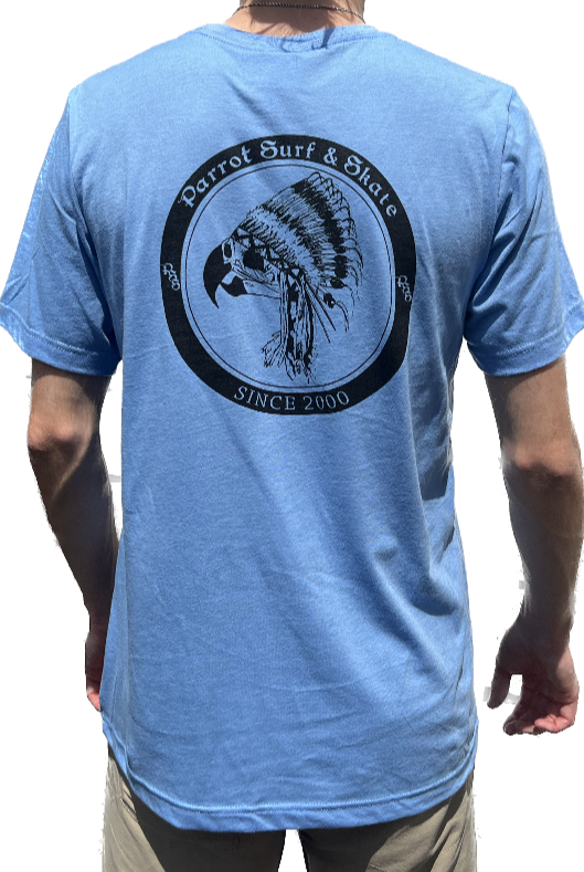 Parrot Surf & Skate Indian Tee in Carolina Blue, back view with Indian chief parrot Since 2000 graphic - Parrot gear