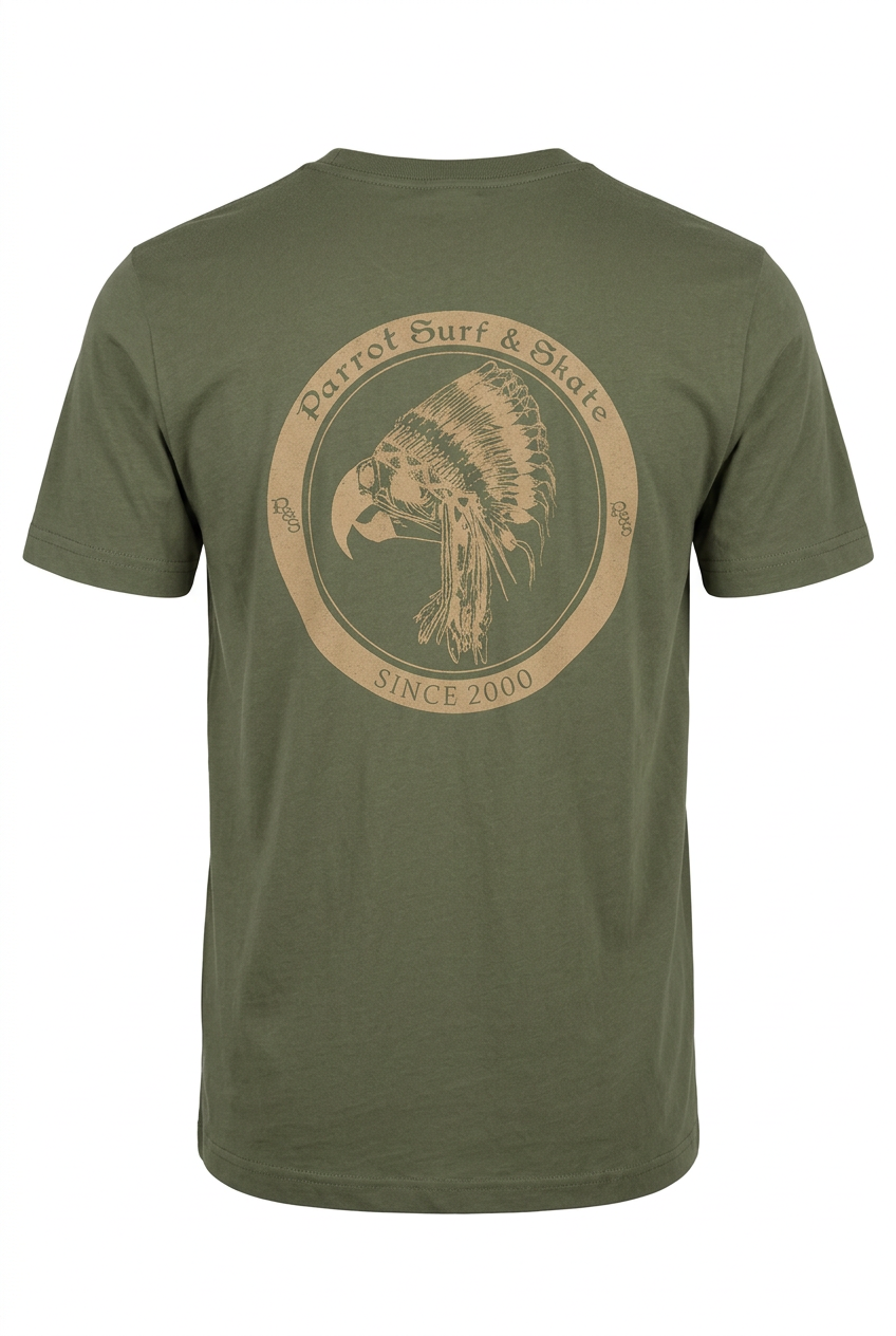 Parrot Surf & Skate Indian Tee in Military Green, back view with Indian chief parrot Since 2000 graphic - Parrot gear