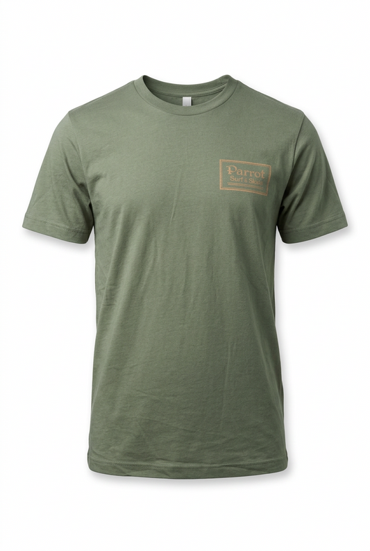 Parrot Surf & Skate Indian Tee in Military Green, front view with boxed Parrot left-chest logo - Parrot gear