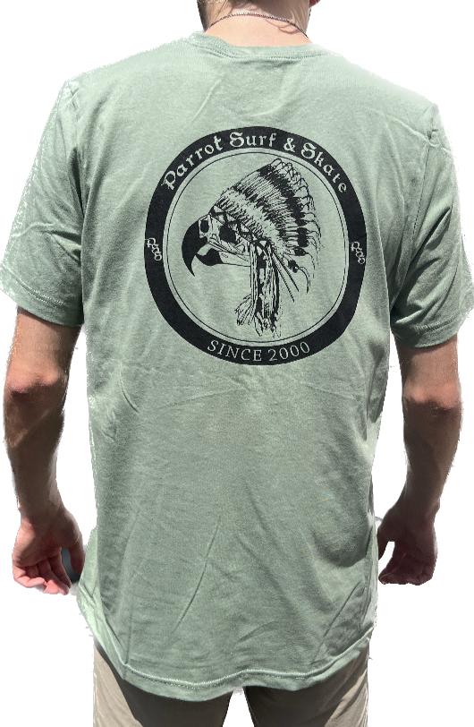 Parrot Surf & Skate Indian Tee in Sage, back view with Indian chief parrot Since 2000 graphic - Parrot gear