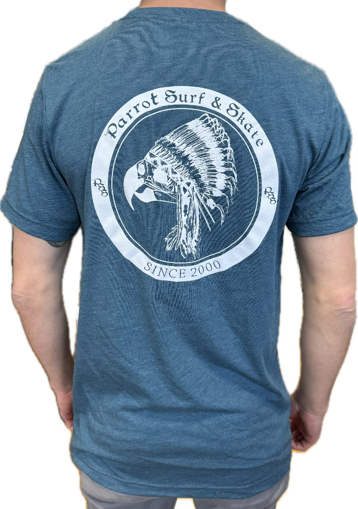 Parrot Surf & Skate Indian Tee in Steel Blue, back view with Indian chief parrot Since 2000 graphic - Parrot gear