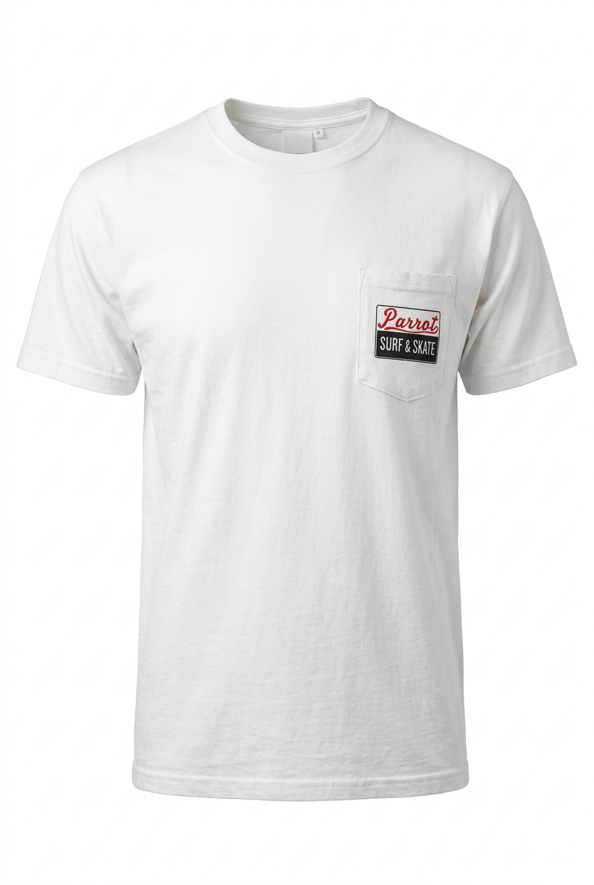 Parrot Surf & Skate Stoked Tee in Ivory, front view with Parrot Surf & Skate pocket logo - Parrot gear