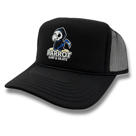 Parrot Reaper Trucker Hat with Parrot Surf & Skate Reaper graphic on foam front