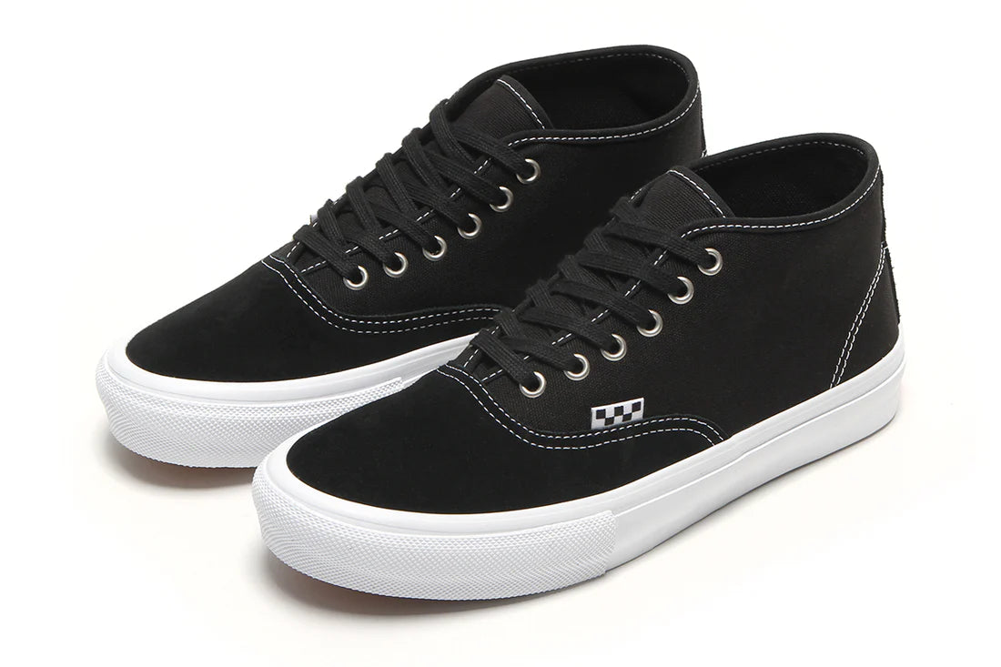 Vans Skate Authentic Mid Y28 black white skate shoe angled side view